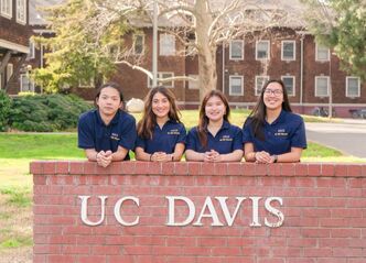 4 student leads in blue polos pose over the brick UCD wall