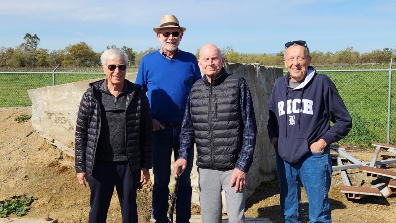 Emeritus Professors (left to right) Len Herrmann, Bruce Kutter, Karl Romstad, and Ed Schroeder visiting the Center for Geotechnical Modeling in Spring 2023. 