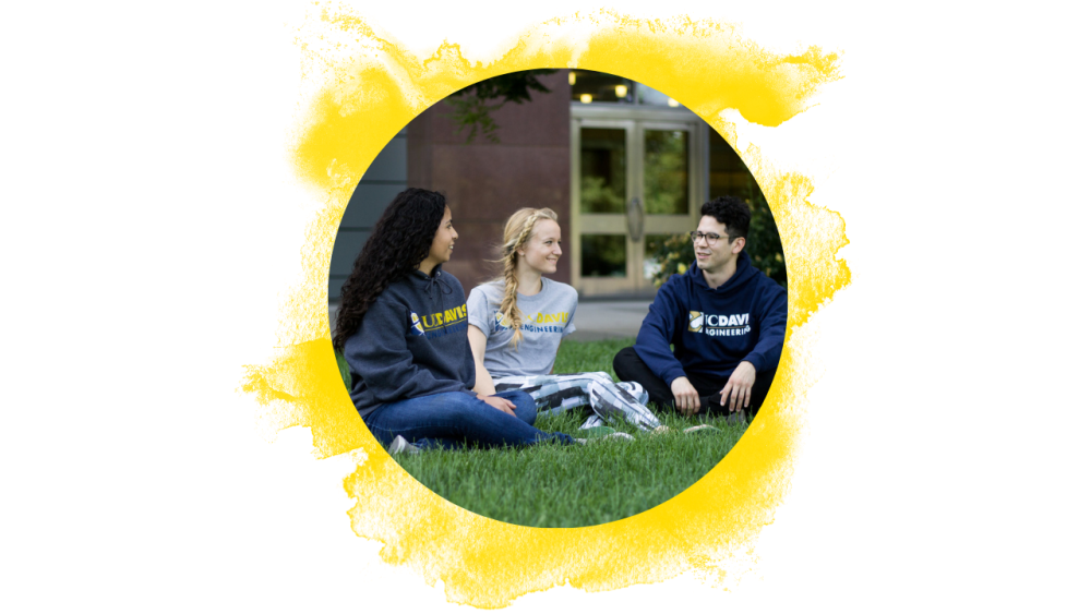 Three students chatting on campus grass, circular photo framed by yellow paint splatter