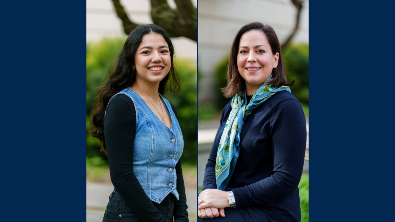 two photos of women in civil and environmental engineering on blue background