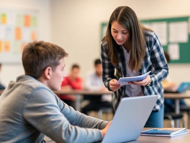 female tutor bending over to assist a male student looking at their laptop