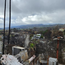 Burned hillside ruins with charred posts and cloudy sky